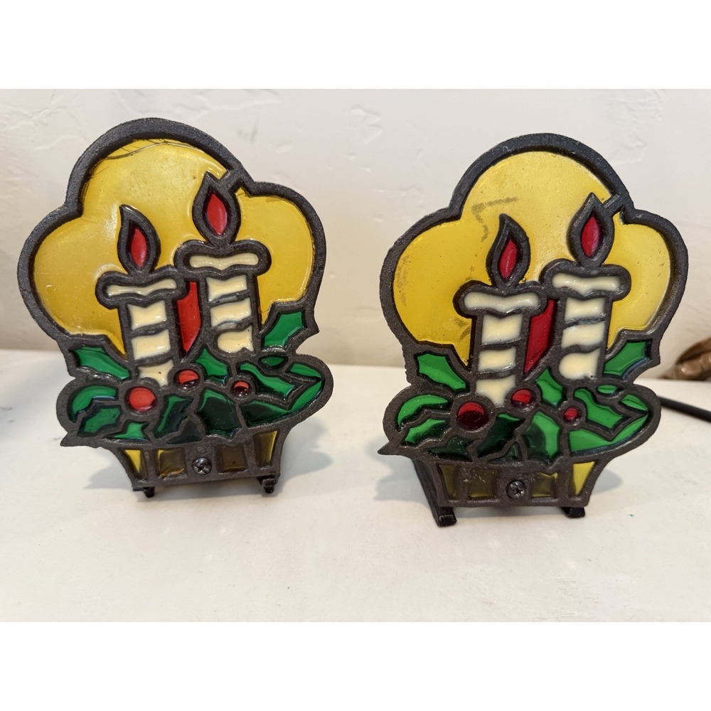Set 2 Stained Glass Cast Iron Votive Christmas Holiday Candle Tea Light Holder